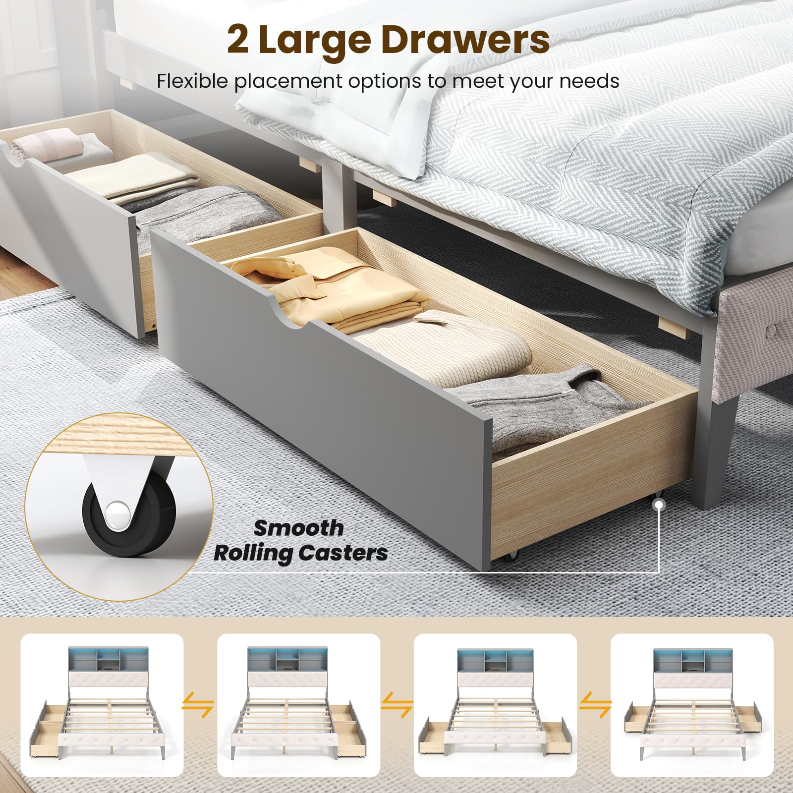 Giantex Gray Full Size Bed Frame with Upholstered Bookcase Headboard