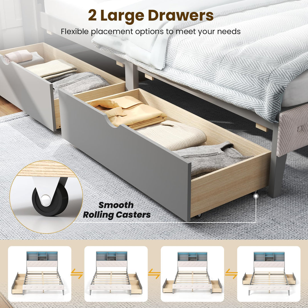 Giantex Gray Full Size Bed Frame with Upholstered Bookcase Headboard