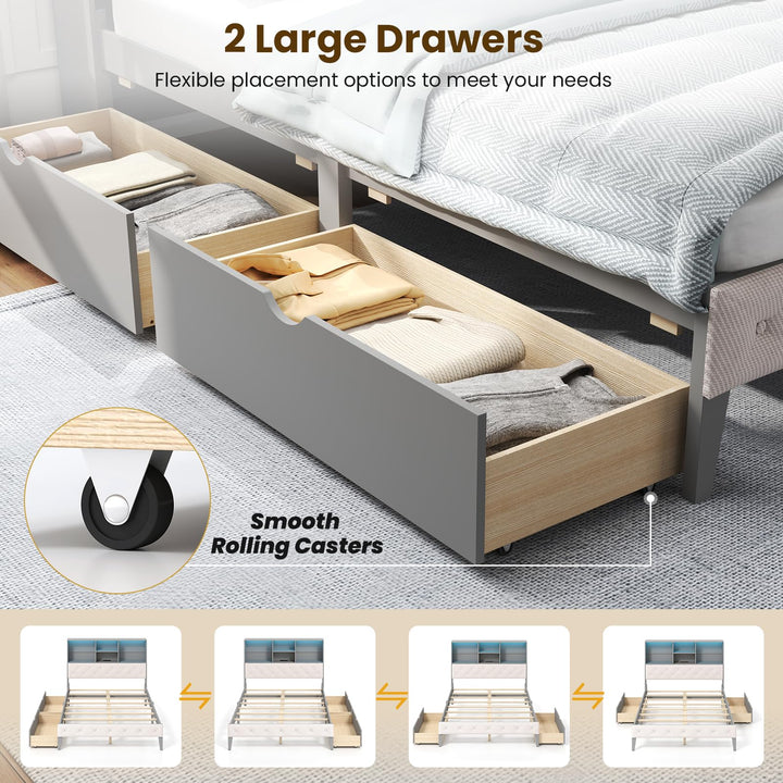 Giantex Gray Full Size Bed Frame with Upholstered Bookcase Headboard
