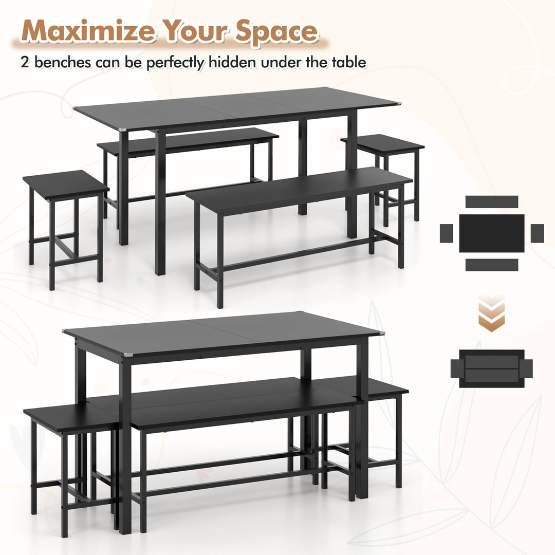 Giantex Dining Table Set for 4-6, 5-Piece Kitchen Table Chairs Set, 63” Extendable Table with 2 Benches