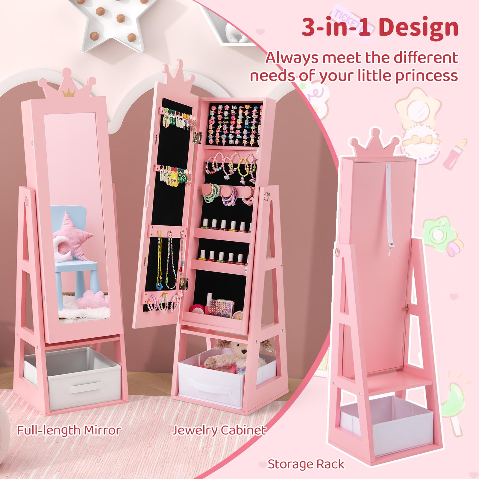 CHARMAID Kids Mirror Jewelry Cabinet - 45.5'' Standing Jewelry Armoire with Full Length Mirror