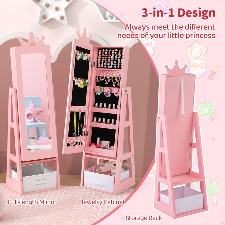 CHARMAID Kids Mirror Jewelry Cabinet - 45.5'' Standing Jewelry Armoire with Full Length Mirror