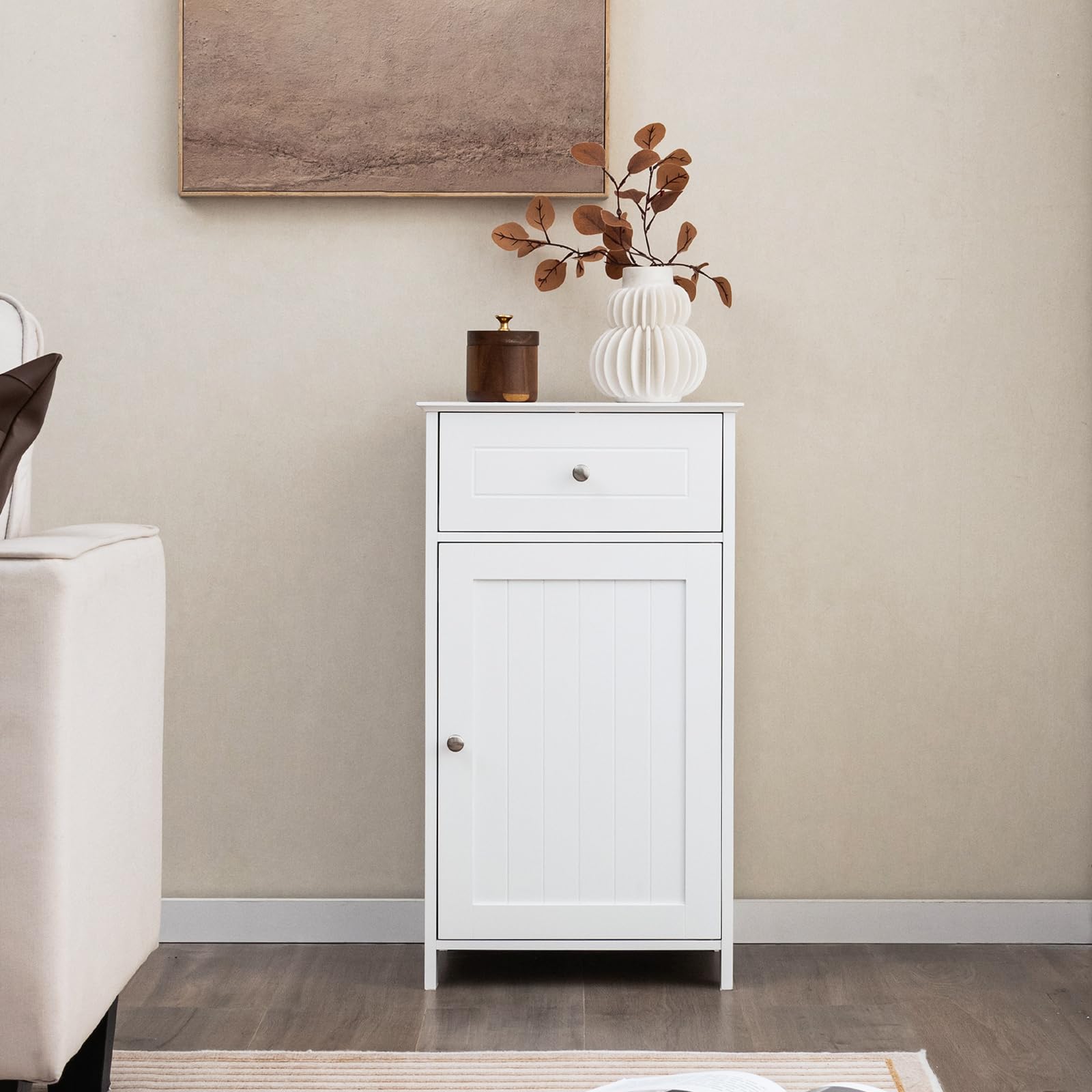 Giantex Floor Bathroom Storage Cabinet - Freestanding Cabinet with Drawer, Door, White