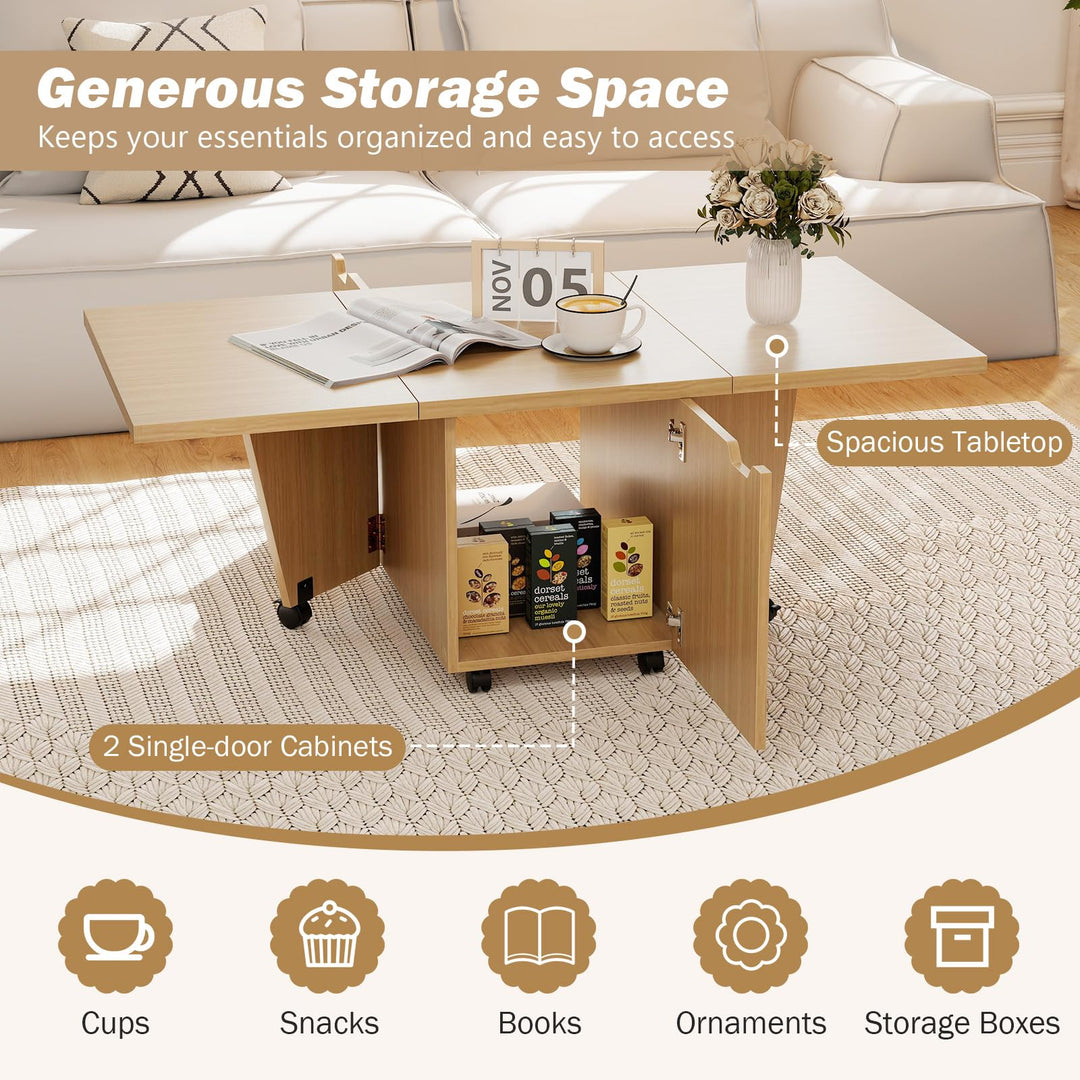Giantex Folding Coffee Table 48 Inch Drop Leaf Extendable Center Table with Storage Cabinet & Wheels