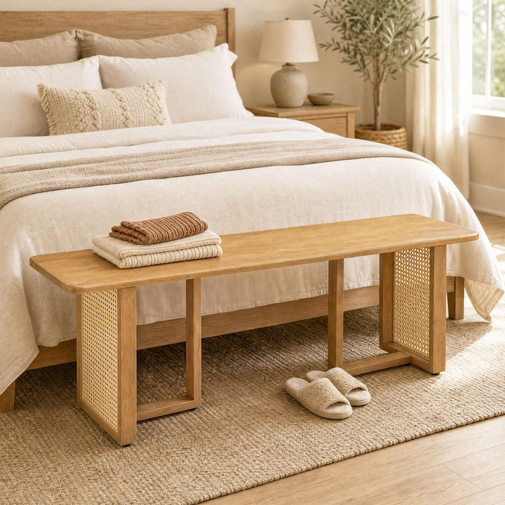 GIANTEX 55" Rattan Dining Bench with Rubber Wood Frame (1/2)