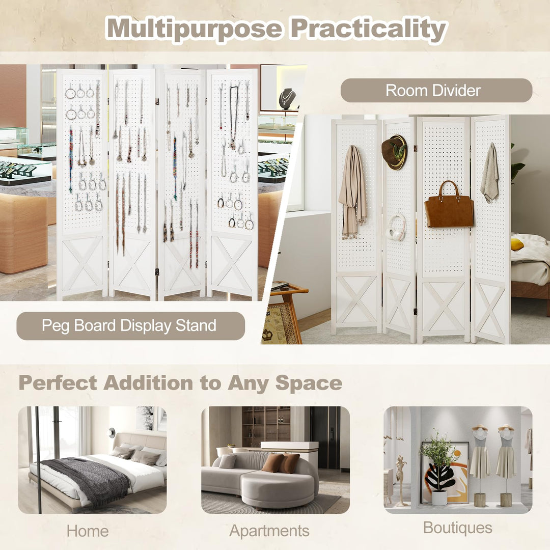 Giantex 4 Panel Foldable Solid Wood Frame Pegboard Room Divider (64"W x 67"H)