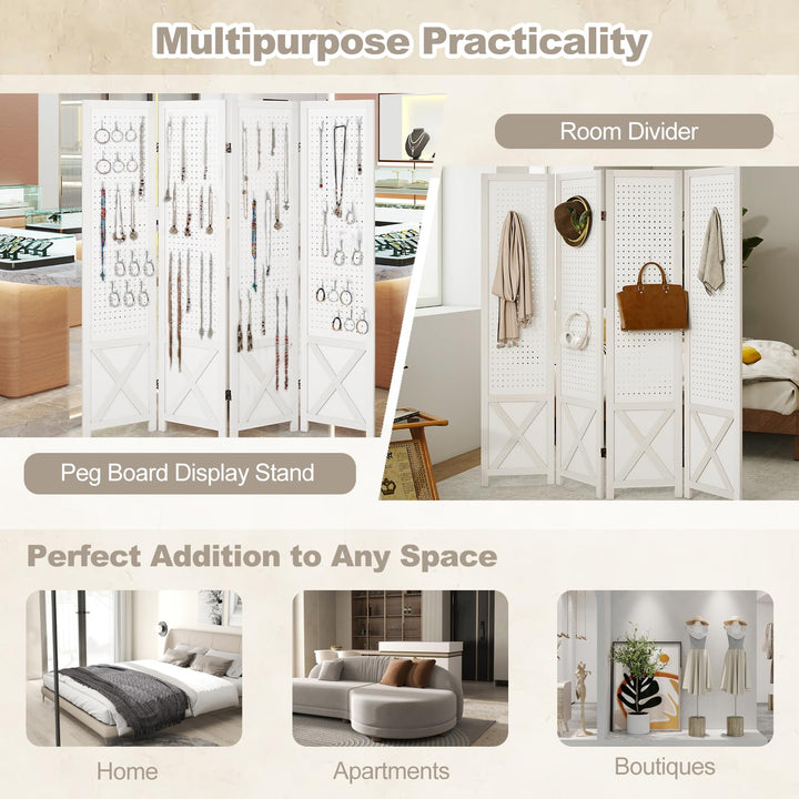 Giantex 4 Panel Foldable Solid Wood Frame Pegboard Room Divider (64"W x 67"H)