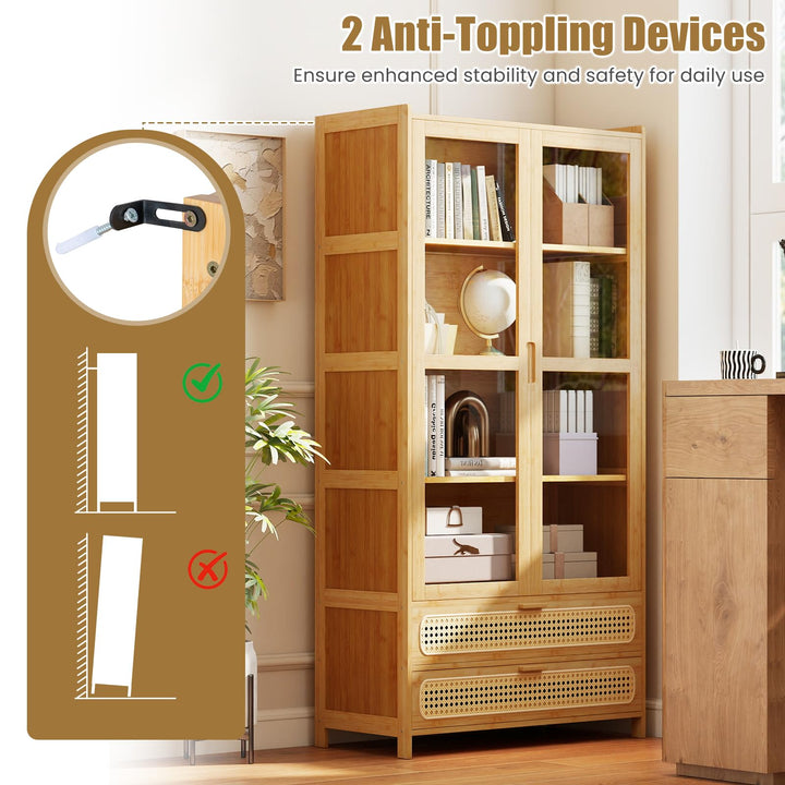 GIANTEX 54.5" Tall 6-Tier Freestanding Bamboo Bookshelf with 2 Acrylic Doors and 2 Drawers