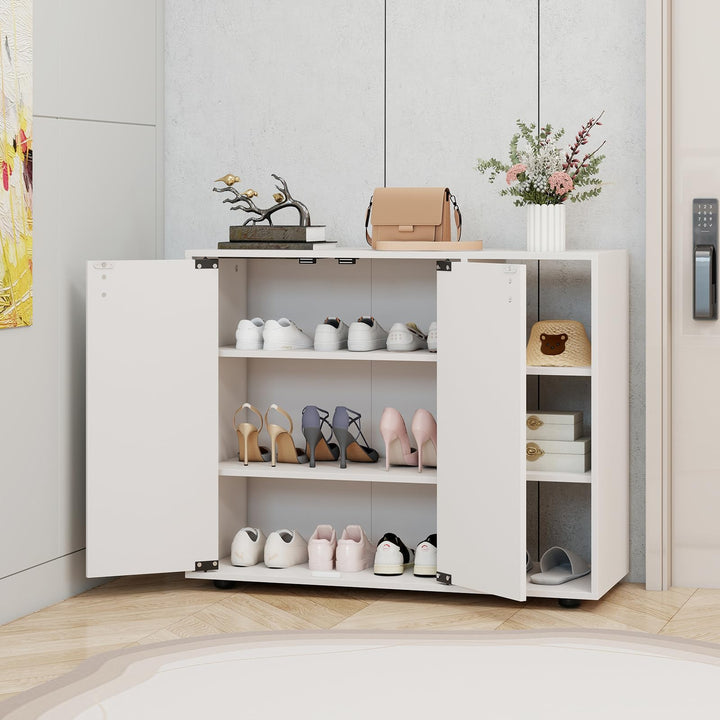 Giantex Wood Shoe Cabinet with Doors with 3-Level Adjustable Open Shelves