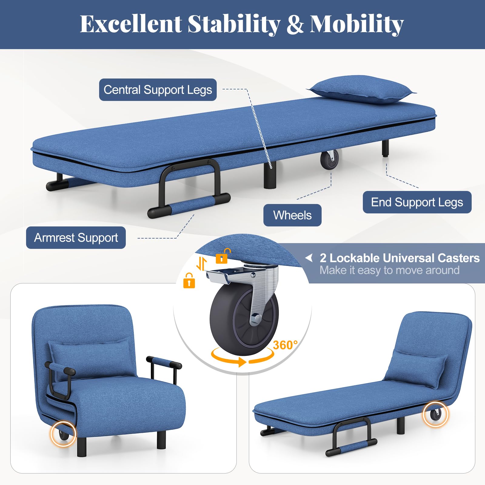 Giantex Convertible Sofa Bed, 3-in-1 Folding Sleeper Chair with 5-Position Adjustable Backrest, Wheels, 2 Legs