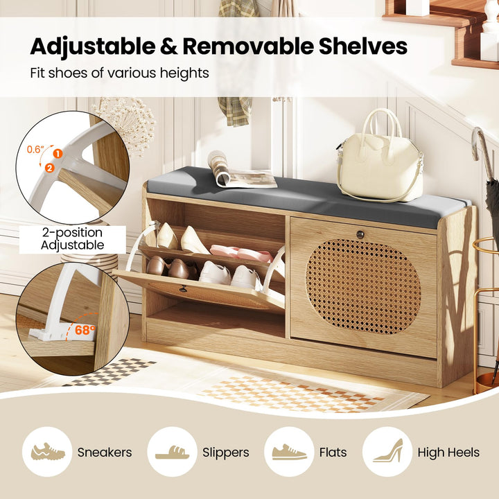 Giantex Rattan Shoe Storage Bench with 2 Flip Drawers & Padded Seat Cushion