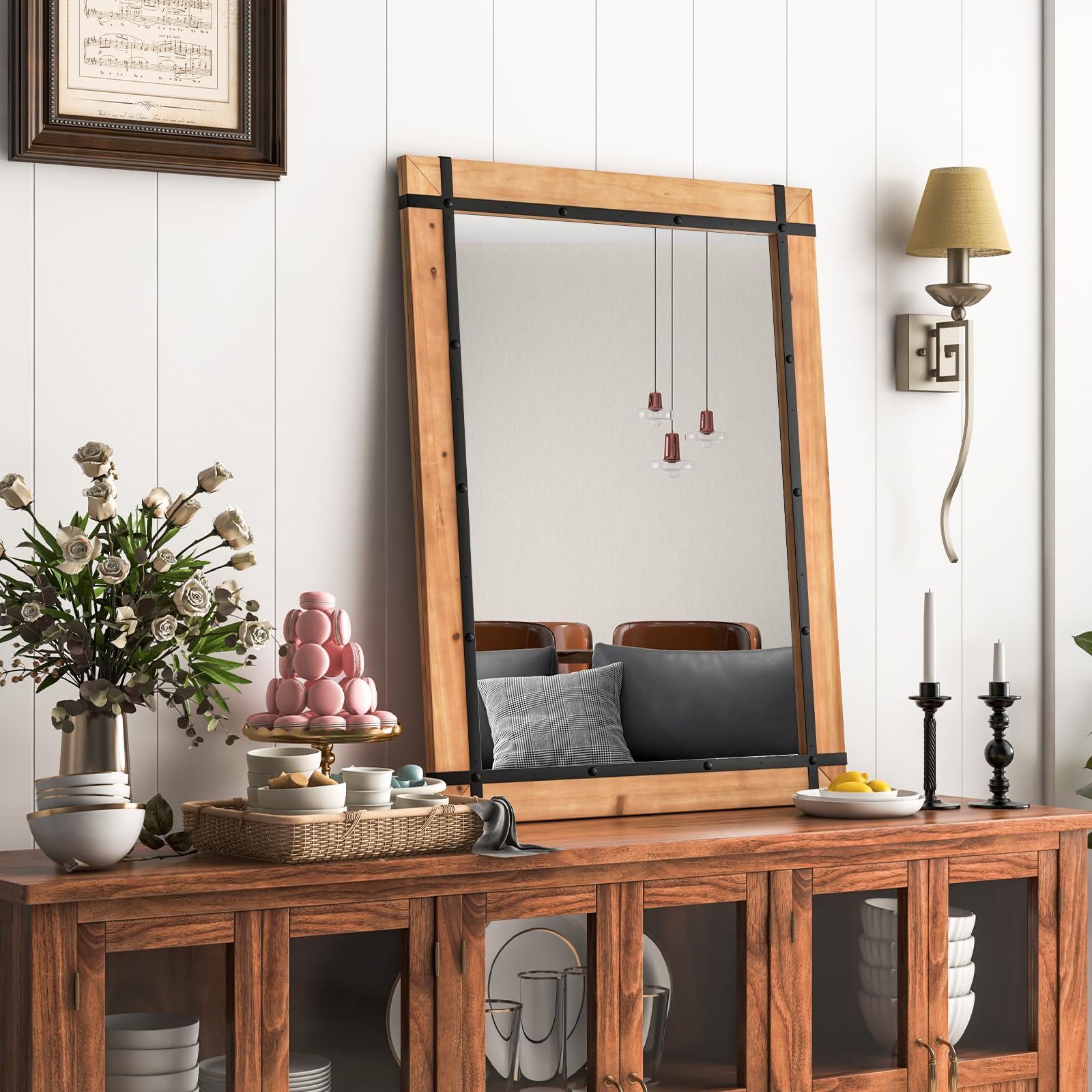 CHARMAID Wall Mirror, Farmhouse Vanity Mirror with Solid Wood Frame, Hanging Hooks