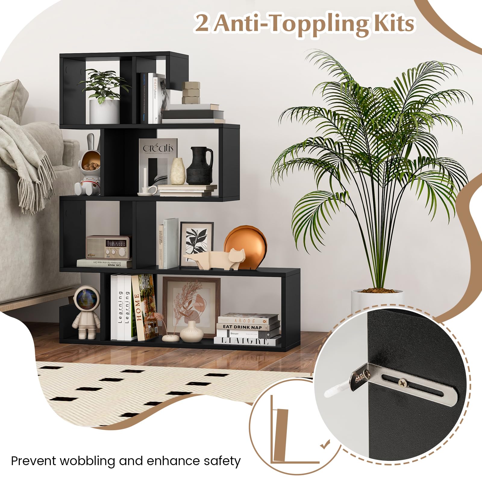 Giantex 5-Tier S-Shaped Bookshelf, Geometric Bookcase w/Open Cubes