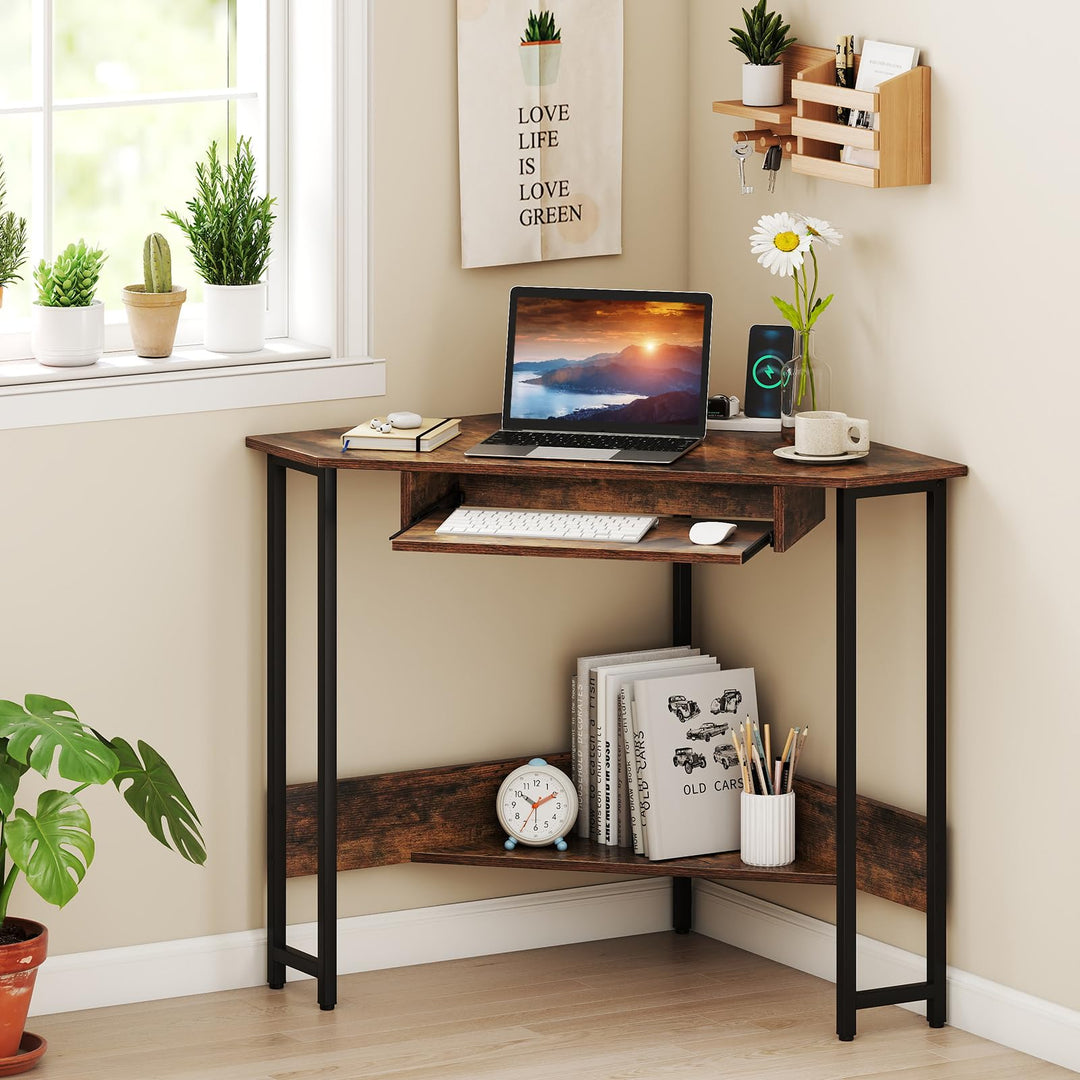 Giantex Small Corner Desk with Charging Station with Keyboard Tray & Storage Shelf