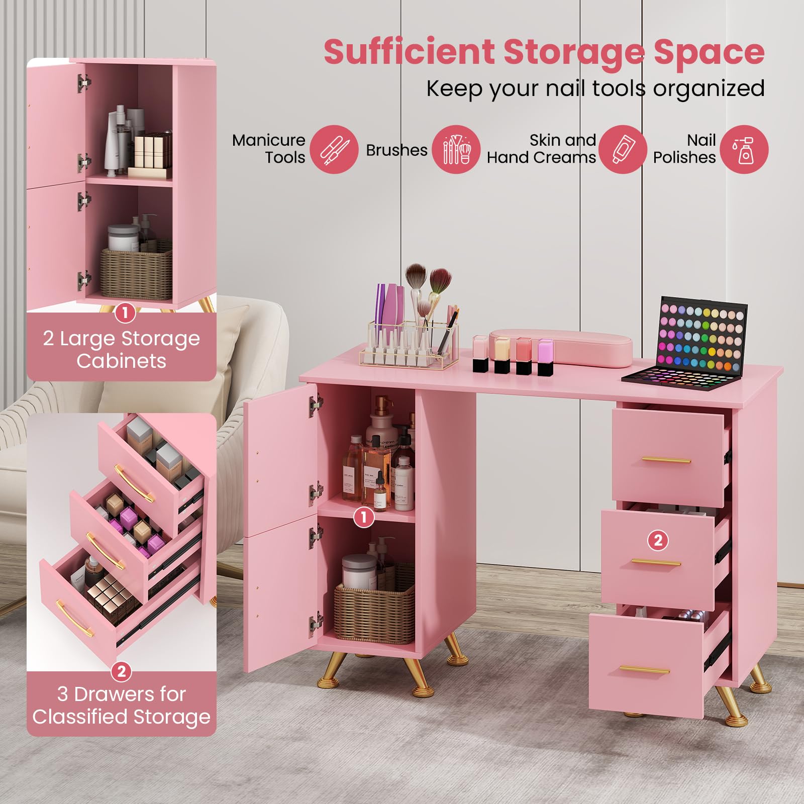 Giantex Manicure Table Nail Desk - Nail Table Station with 3 Drawers, 2 Storage Cabinet, Wrist Rest