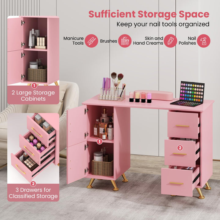 Giantex Manicure Table Nail Desk - Nail Table Station with 3 Drawers, 2 Storage Cabinet, Wrist Rest