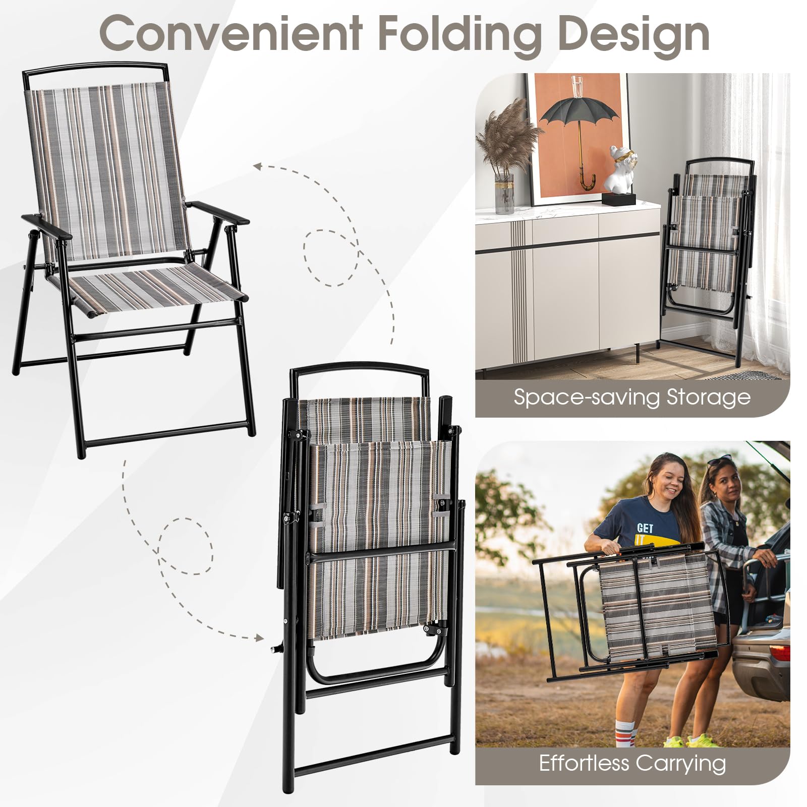 Giantex Patio Chairs Set of 2/4, Outdoor Folding Chairs with Armrests, Metal Frame