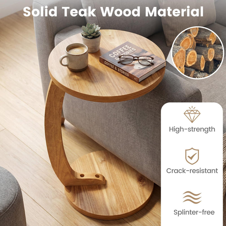 Giantex C-Shaped Round Side Table Set of 1/2 24" Solid Teak Wood