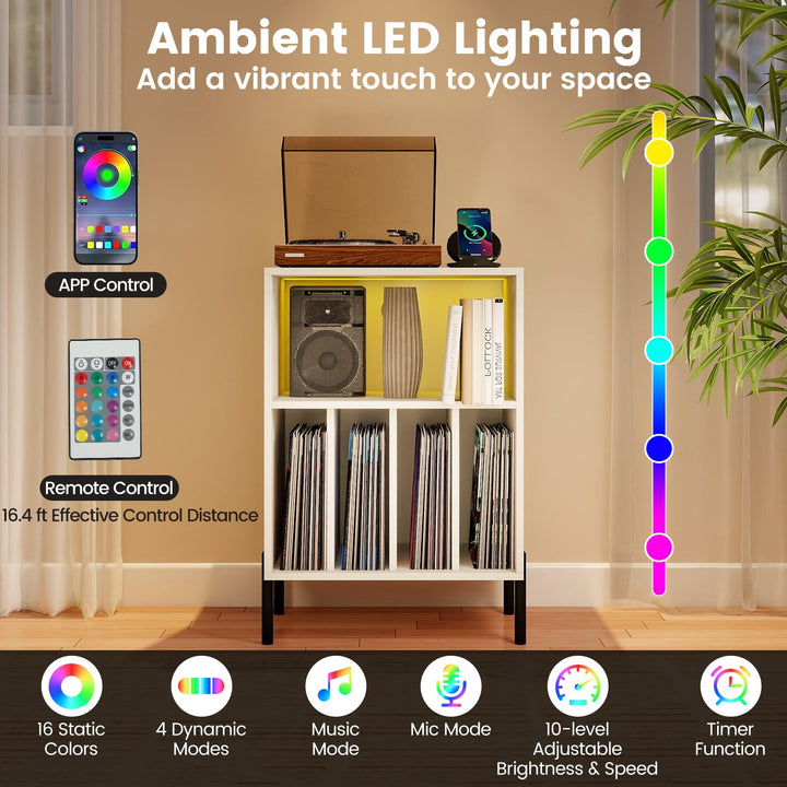 Giantex Record Player Stand with LED Lights & Charging Station