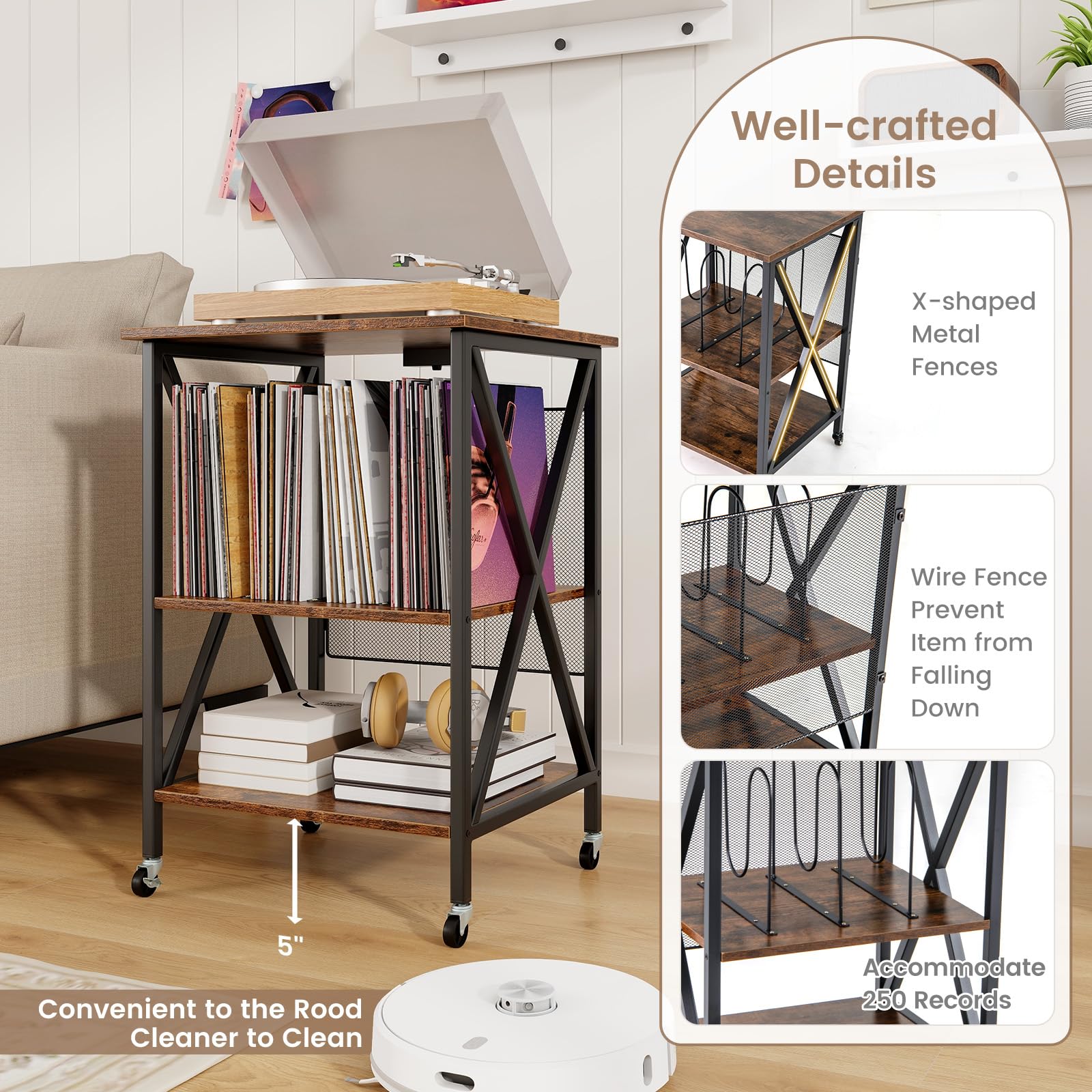 Giantex Record Player Stand with Charging Station, Turntable Stand with Record Storage & 4 Rolling Wheels