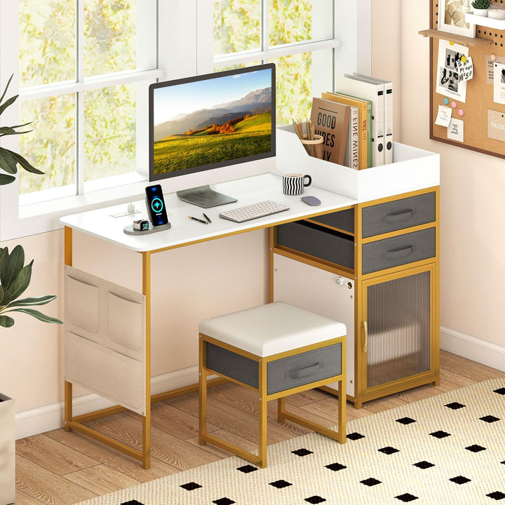 CHARMAID 55'' Vanity Desk with LED Mirror & Lighted Fluted Cabinet