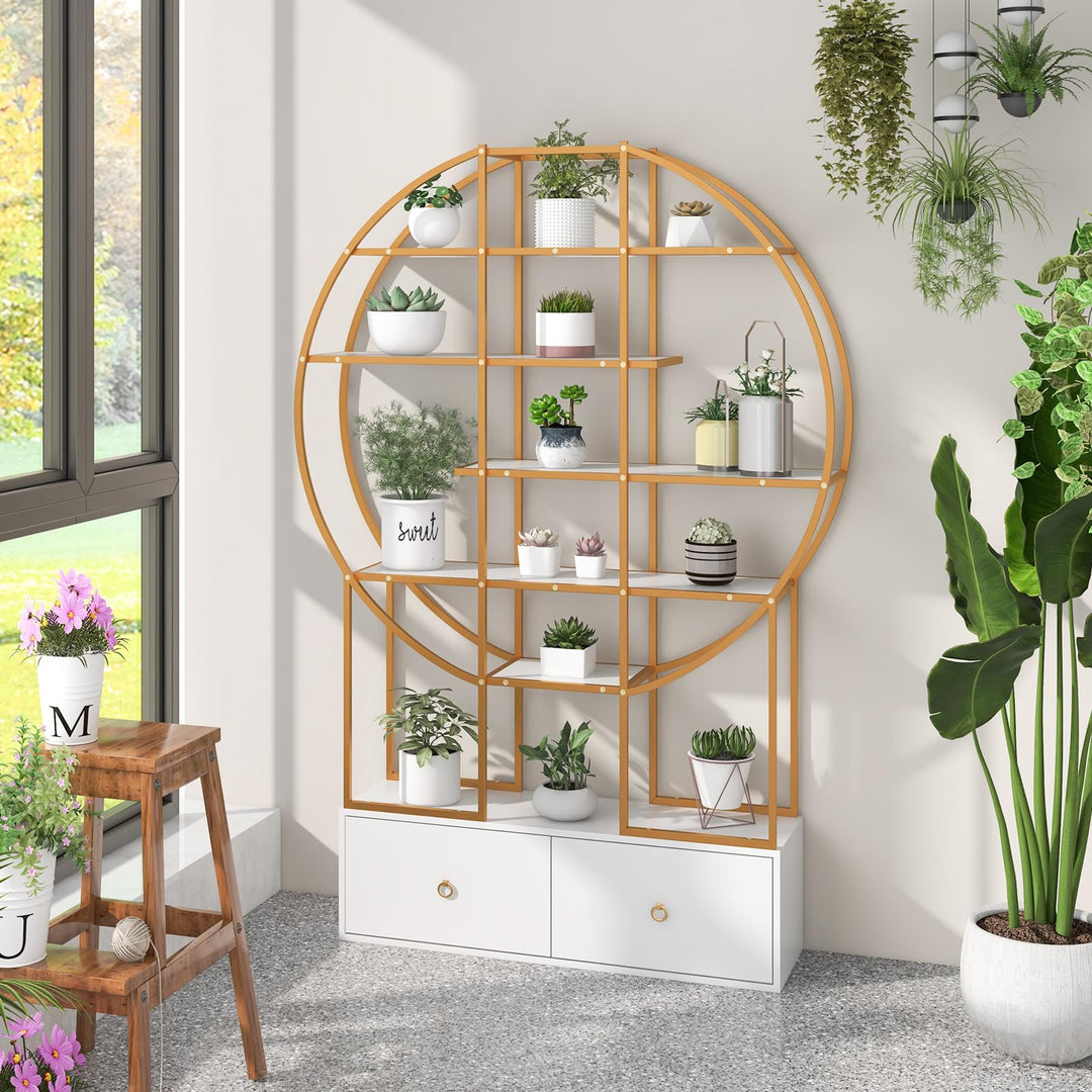 Giantex 6-Tier Round Bookshelf with 2 Drawers