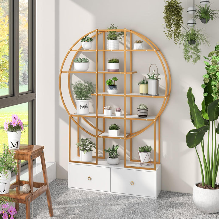 Giantex 6-Tier Round Bookshelf with 2 Drawers