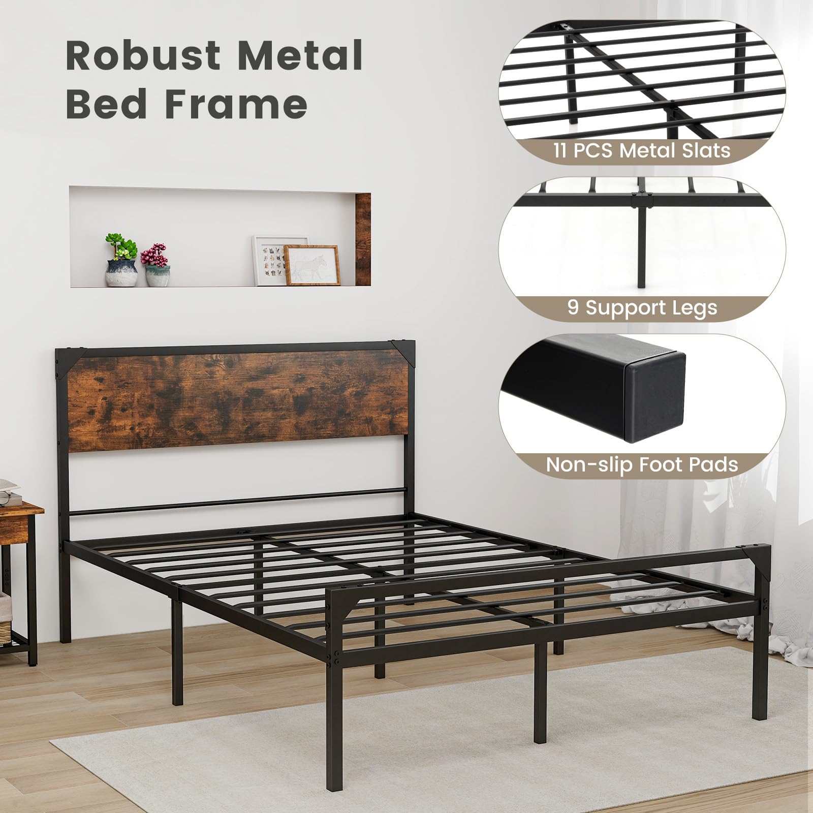 Giantex Full Size Bed Frame with Rustic Headboard & Footboard, Strong Metal Slat Support Mattress Foundation