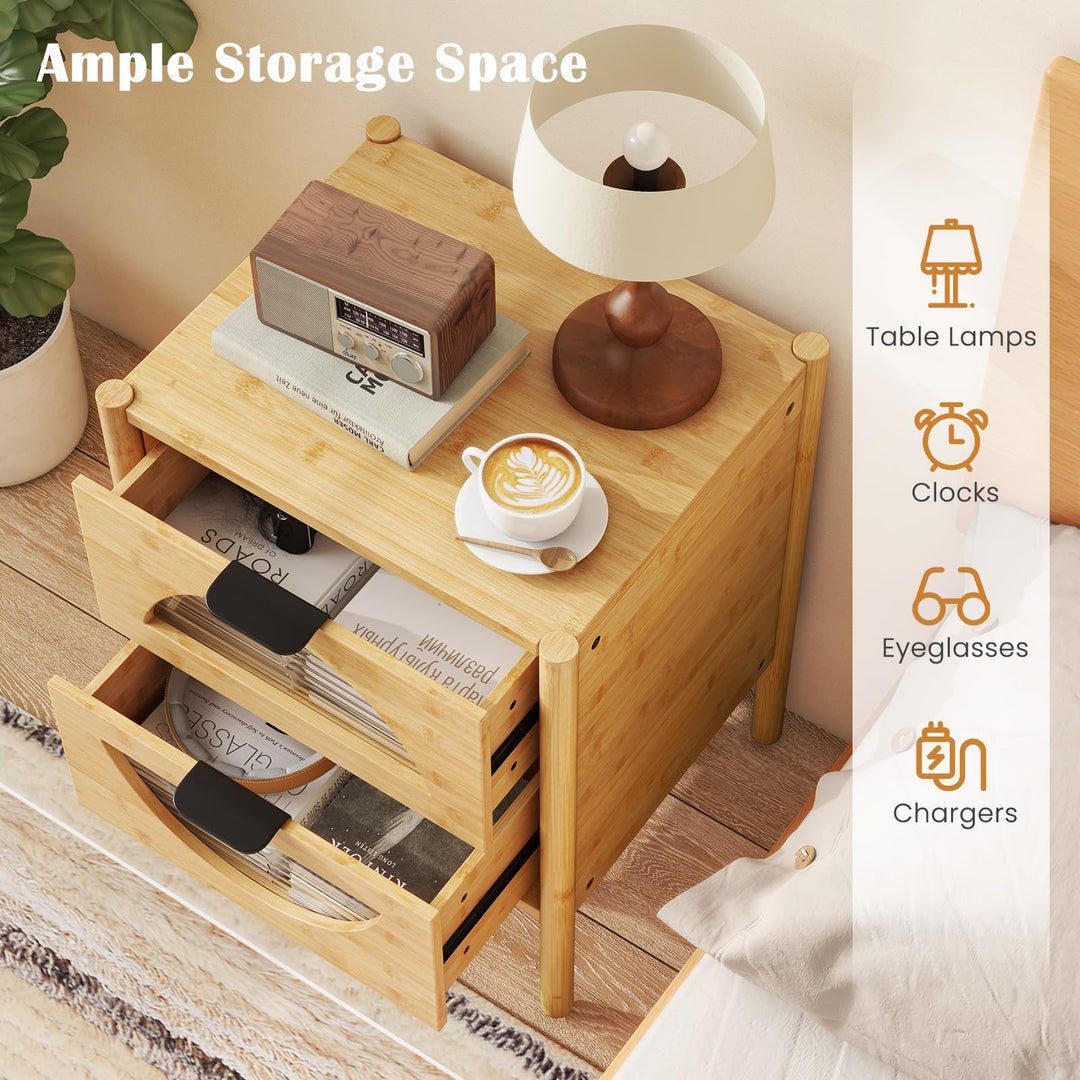 Giantex Bamboo Nightstand, Mid-Century Modern Bedside Table with 2 Storage Drawers & Tempered Glass