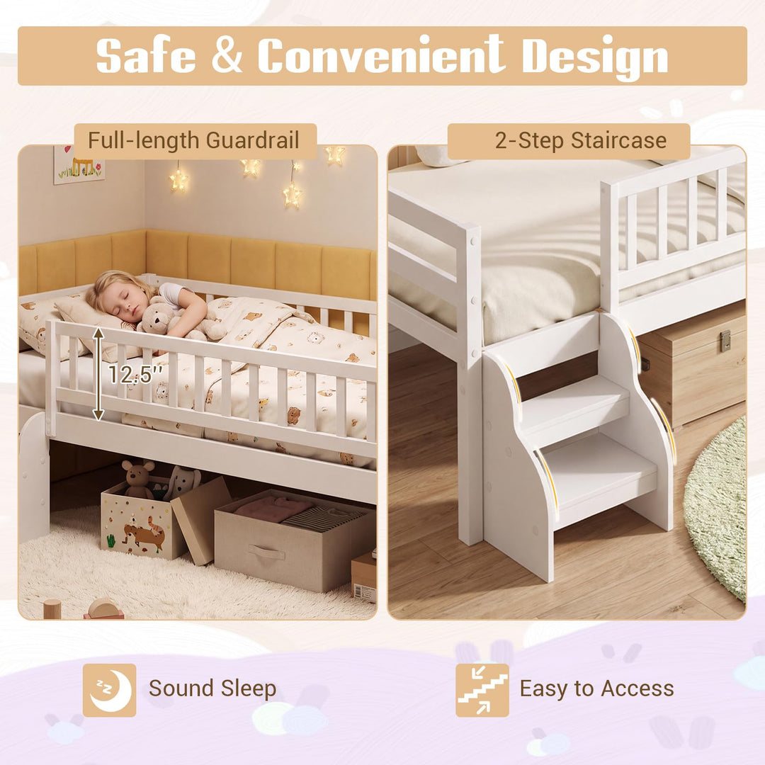 GIANTEX Low Profile Twin Size Bed Frame with Stairs &amp; Safety Guardrails