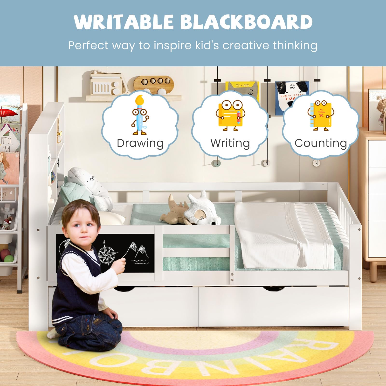 Giantex 2 Storage Drawers, Solid Wood Kids Bed Frame w/Bookcase Headboard & Blackboard