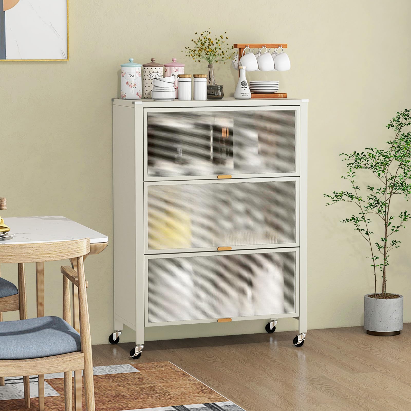 Giantex 4-Tier Kitchen Storage Cabinet, Mobile Folding Kitchen Bakers Rack with Flip-up PC Doors