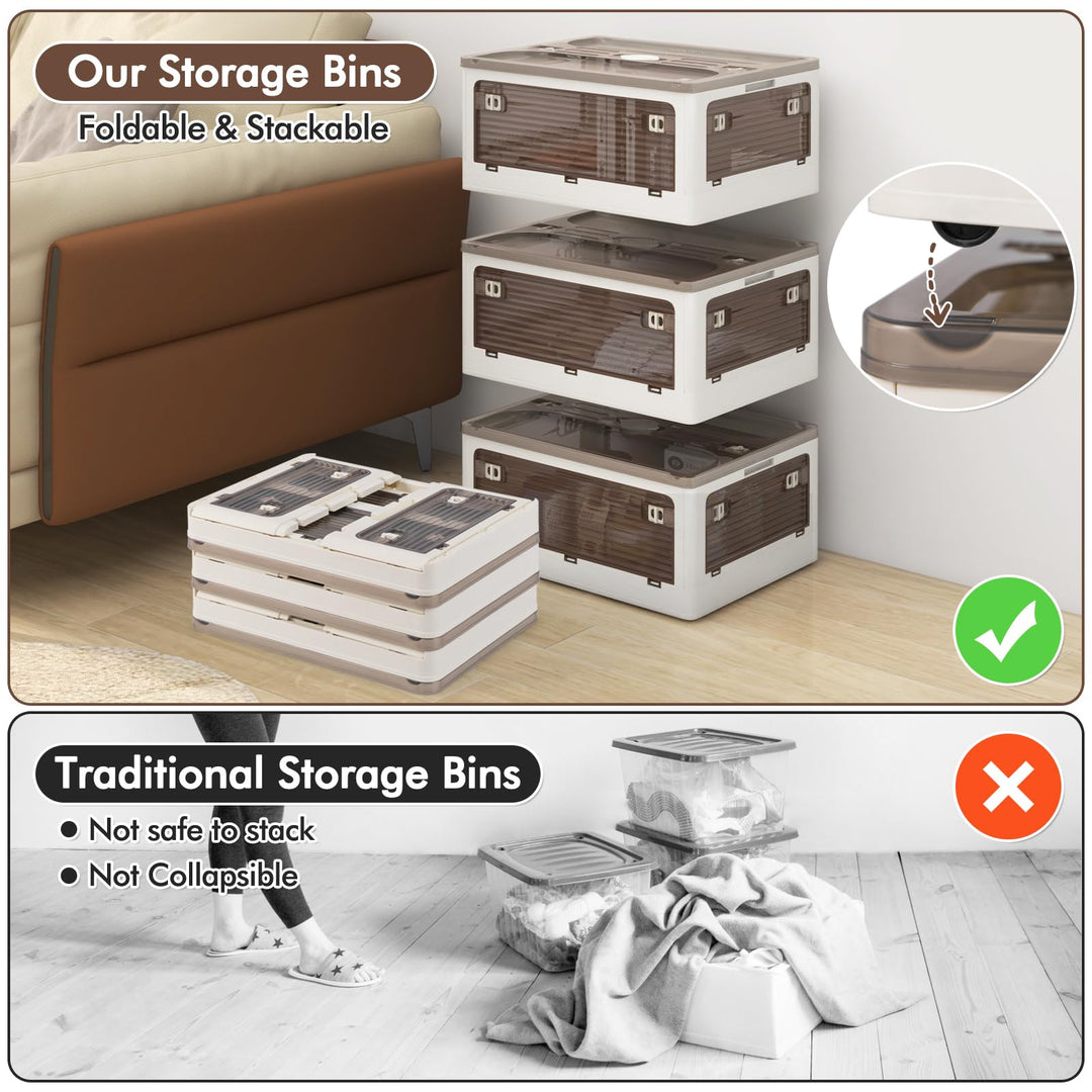 Giantex Storage Bins with Lids and Hidden Wheels, 3/6 Pack Stackable Collapsible Storage Boxes with 5 Opening Doors