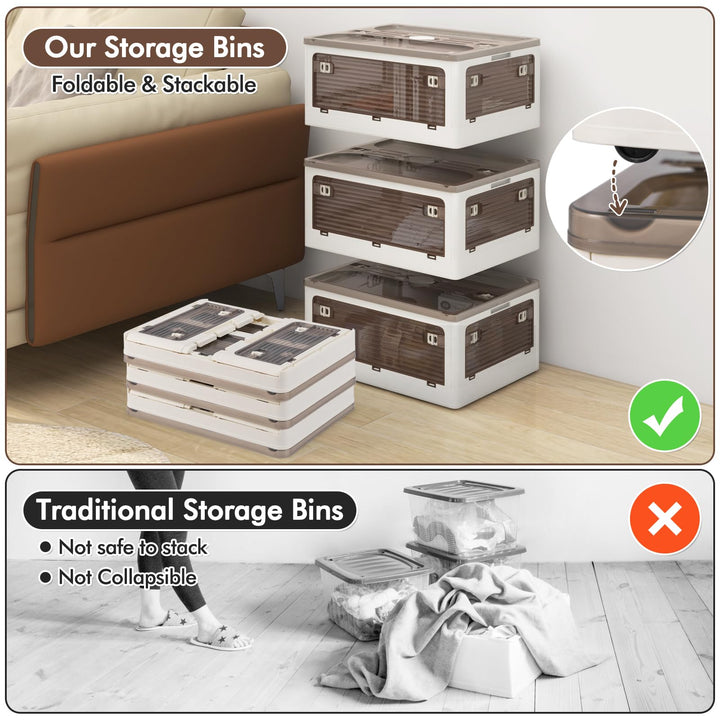 Giantex Storage Bins with Lids and Hidden Wheels, 3/6 Pack Stackable Collapsible Storage Boxes with 5 Opening Doors