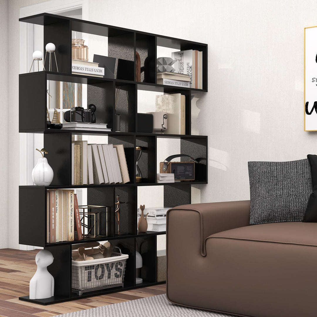 Giantex 5-Tier Geometric Bookshelf, 62.5" Tall Wood S-Shaped Bookcase with Anti-Tipping Device