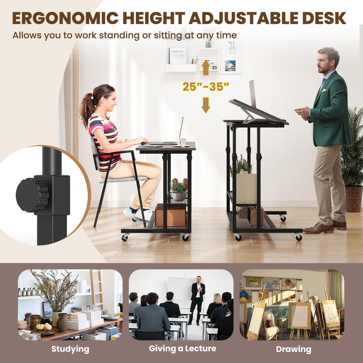 Giantex Adjustable Rolling Computer Desk with Tilting Desktop and Storage Shelves