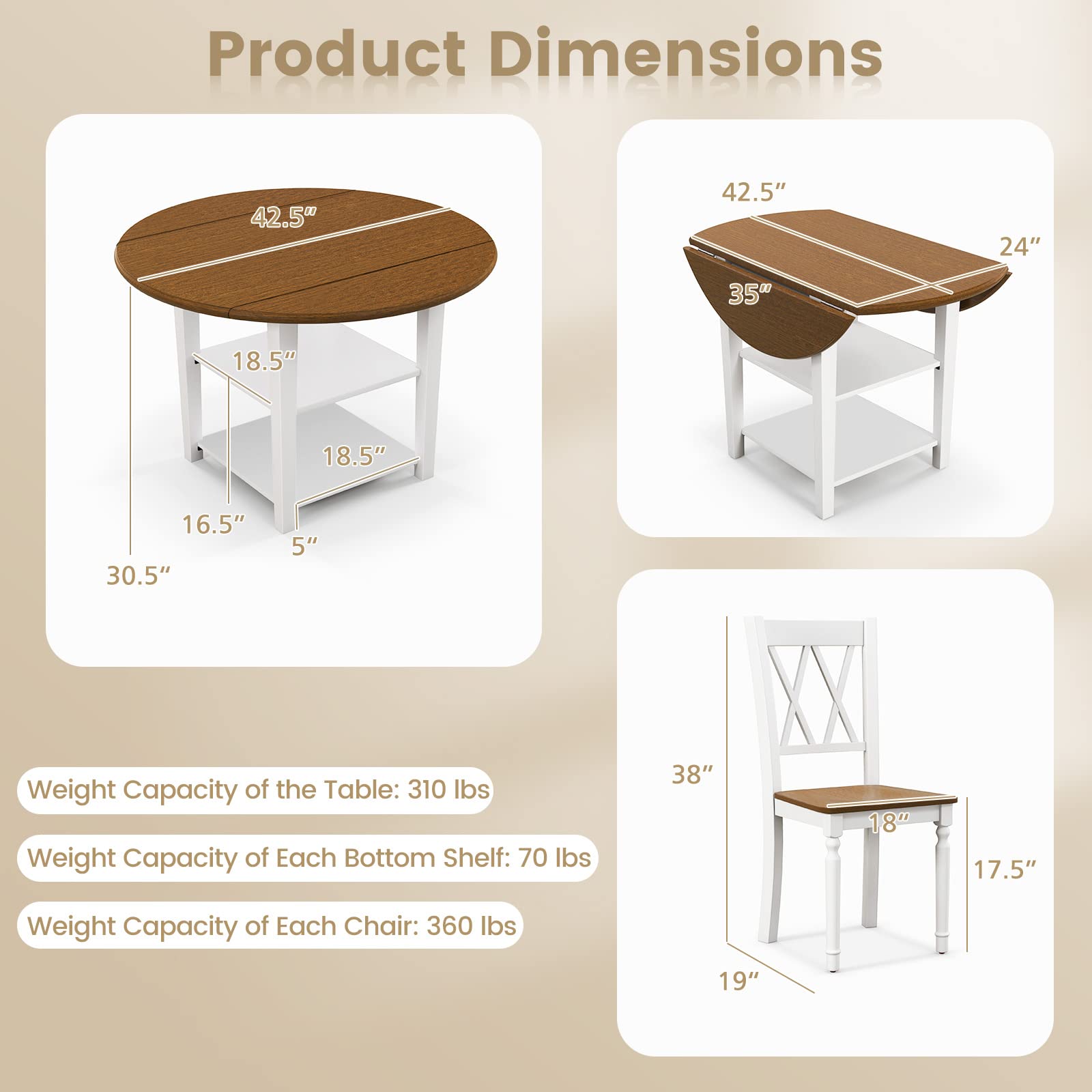 Giantex Dining Table Set for 4 w/Drop Leaf Round Kitchen Table & 4 Chairs, Dining Room Table w/Storage