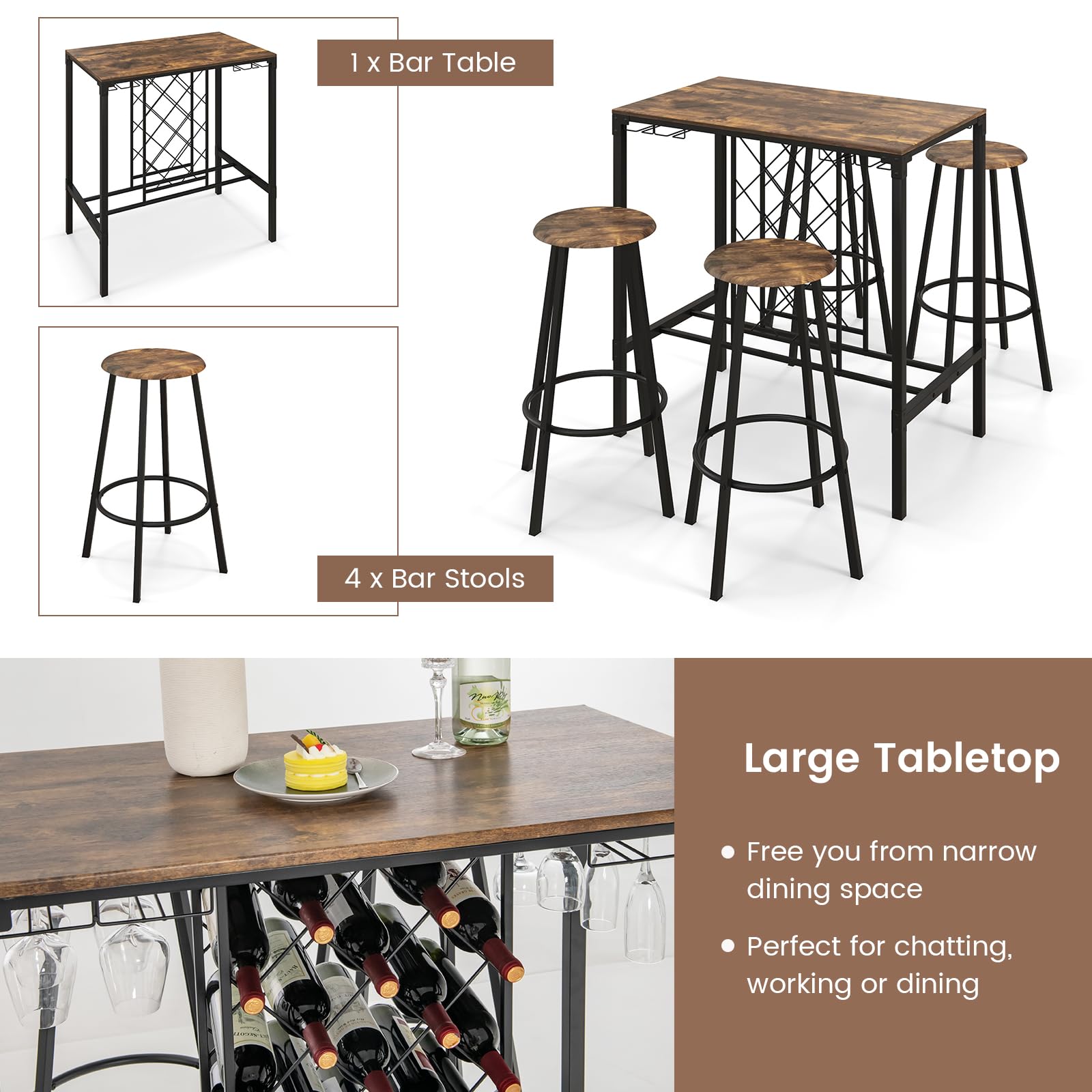Giantex 5 Pieces Bar Table and Stools Set - Bar Height Table with Stools for 4, Kitchen Table Set with Wine Rack & Glass Holder