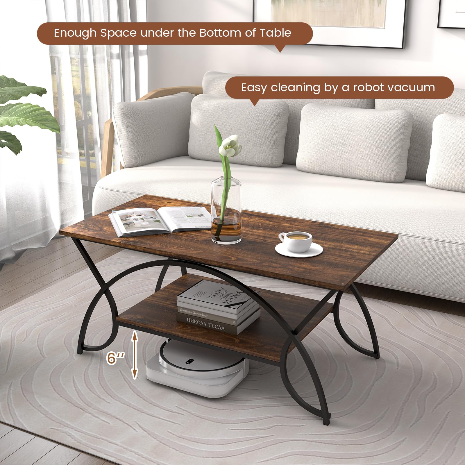 Giantex 2-Tier Rectangular Coffee Table, Modern Chic Cocktail Table with Open Storage Shelf, White/Gold