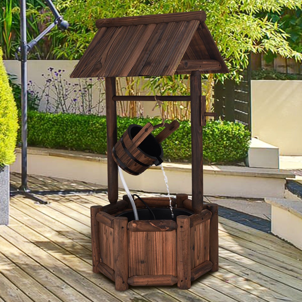 Giantex Wishing Well Water Fountain Rustic Wooden Outdoor Garden Decorative Fountain Backyard w/ Electric Pump