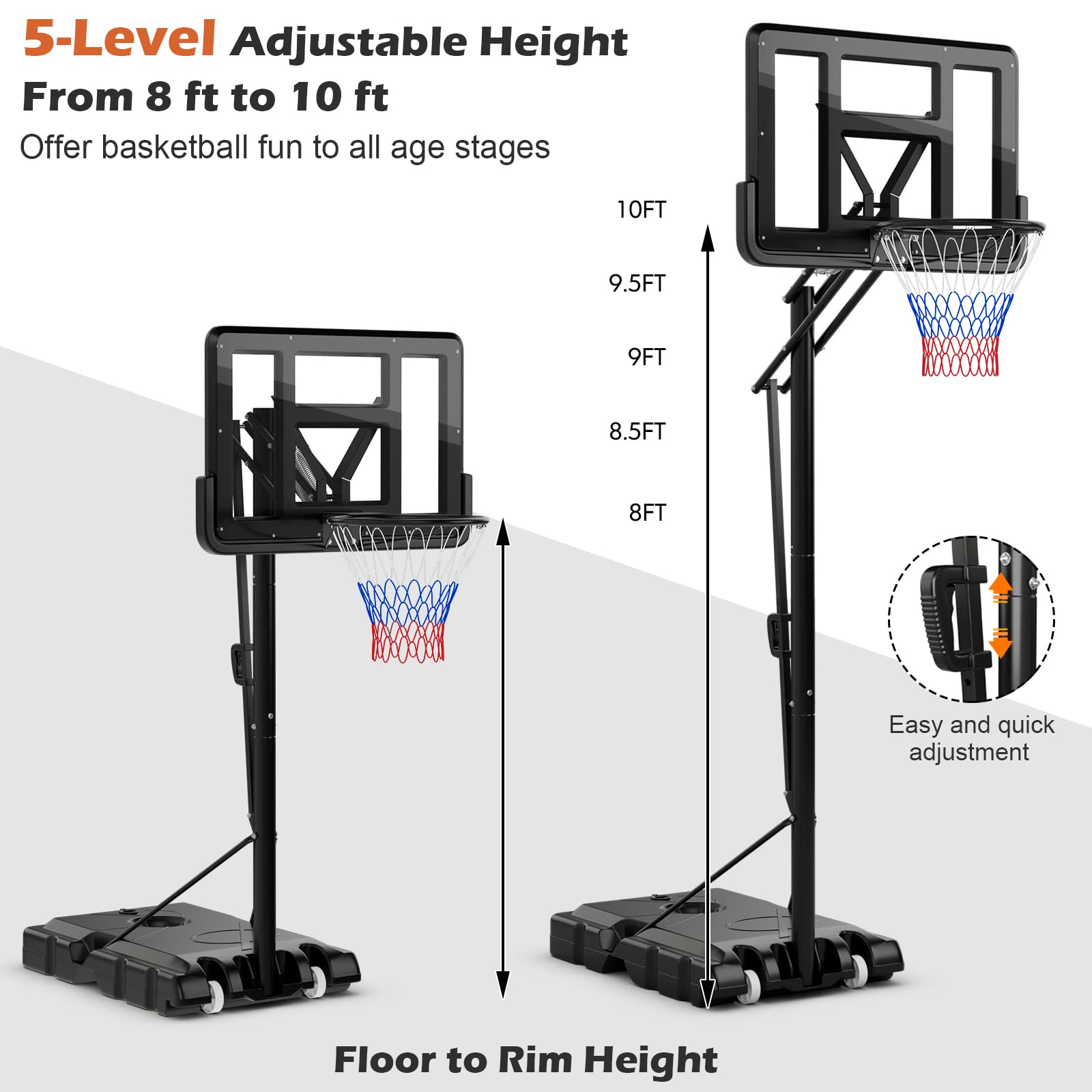Outdoor  8-10Ft Height Adjustable Basketball Stand System - Giantex