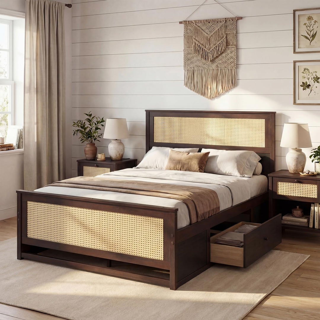 Giantex  Full/Twin Size Rattan Bed Frame with 2 Storage Drawers