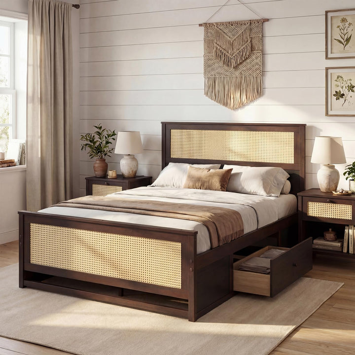 Giantex  Full/Twin Size Rattan Bed Frame with 2 Storage Drawers