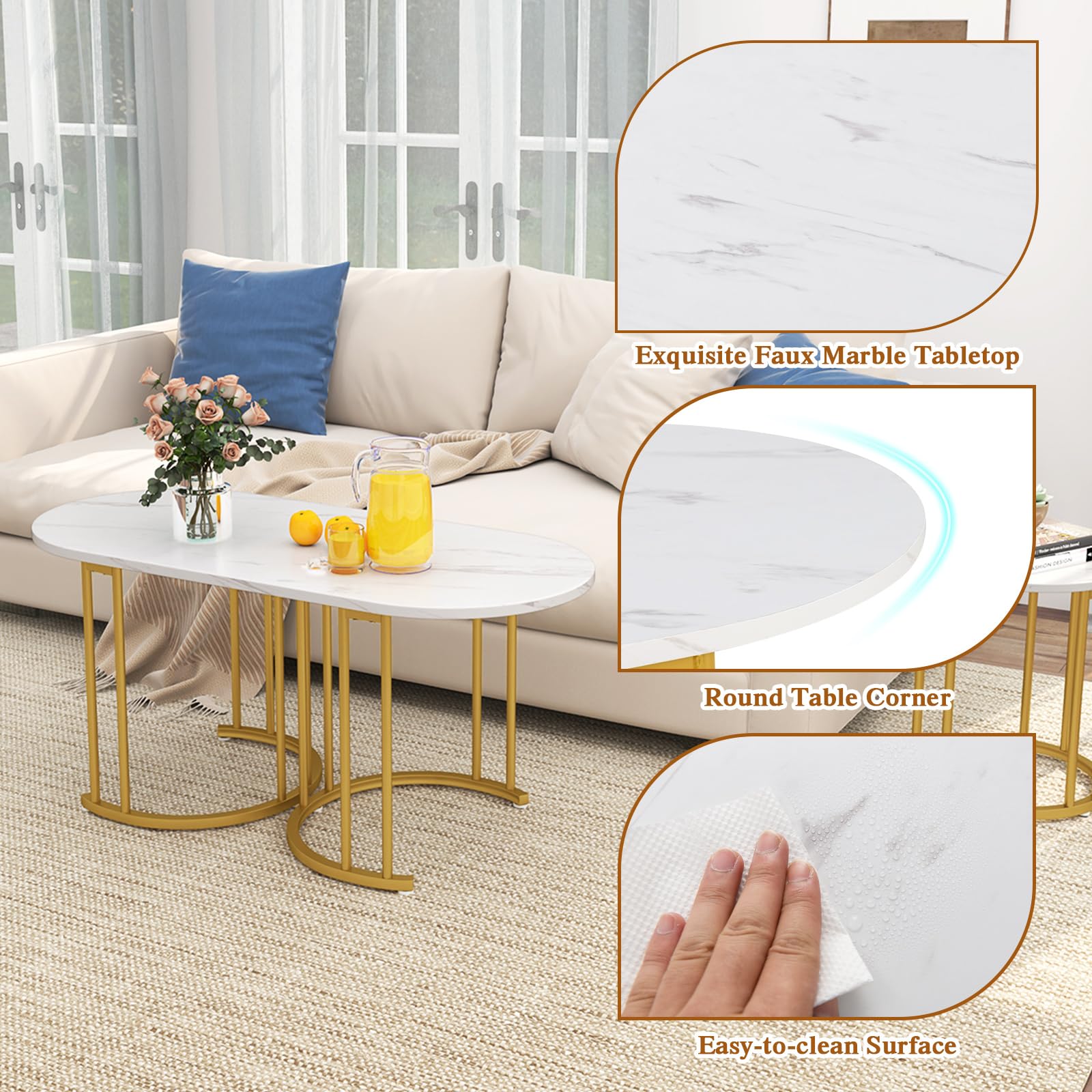 Giantex Nesting Coffee Table Set of 3, Stacking Side Tables with Faux Marble Tabletop & Gold Metal Frame