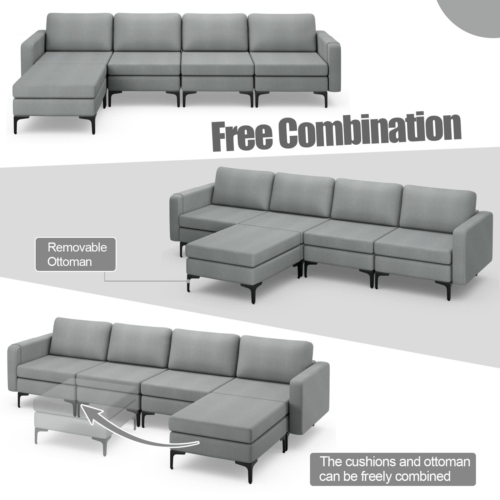 Giantex 4 Seat Convertible Sofa Couch, 123" L Sectional Sleeper with 2 or 1 USB Ports Socket