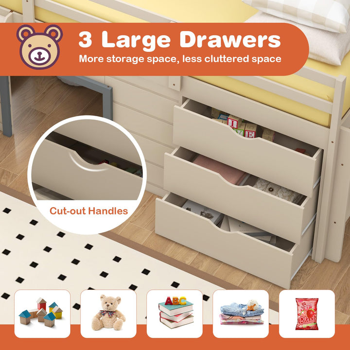 Giantex Twin Low Loft Bed with Slide, Solid Wood Twin Loft Bed with Ladder