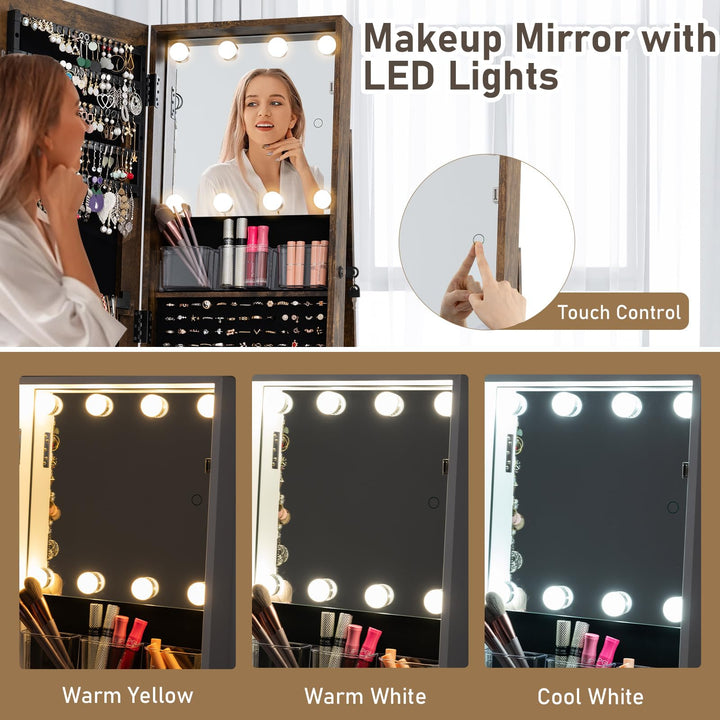 CHARMAID Swivel Jewelry Armoire with Full-Length Mirror & Lighted Makeup Mirror