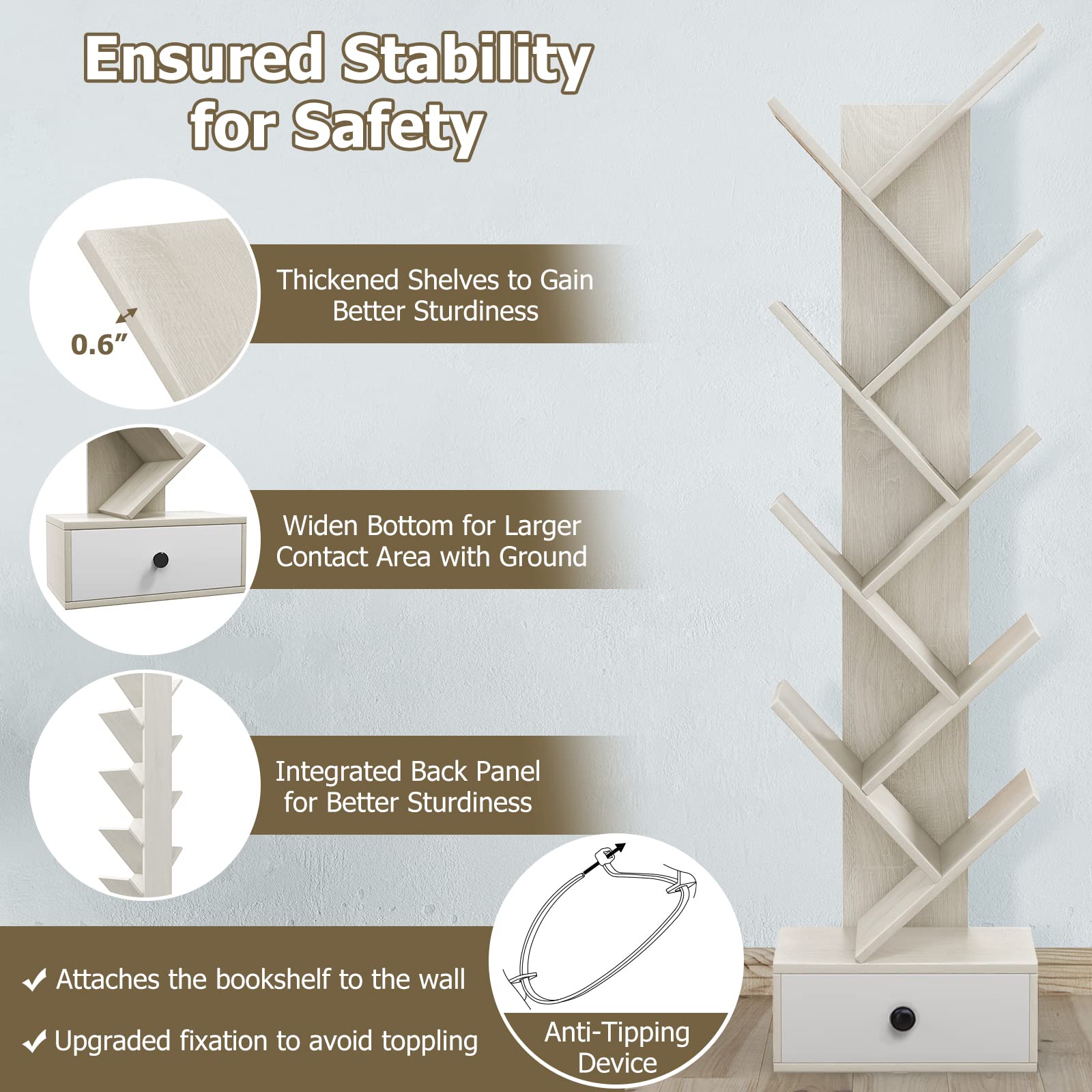 10-Tier Tree Bookshelf with Drawer, Beige - Giantex