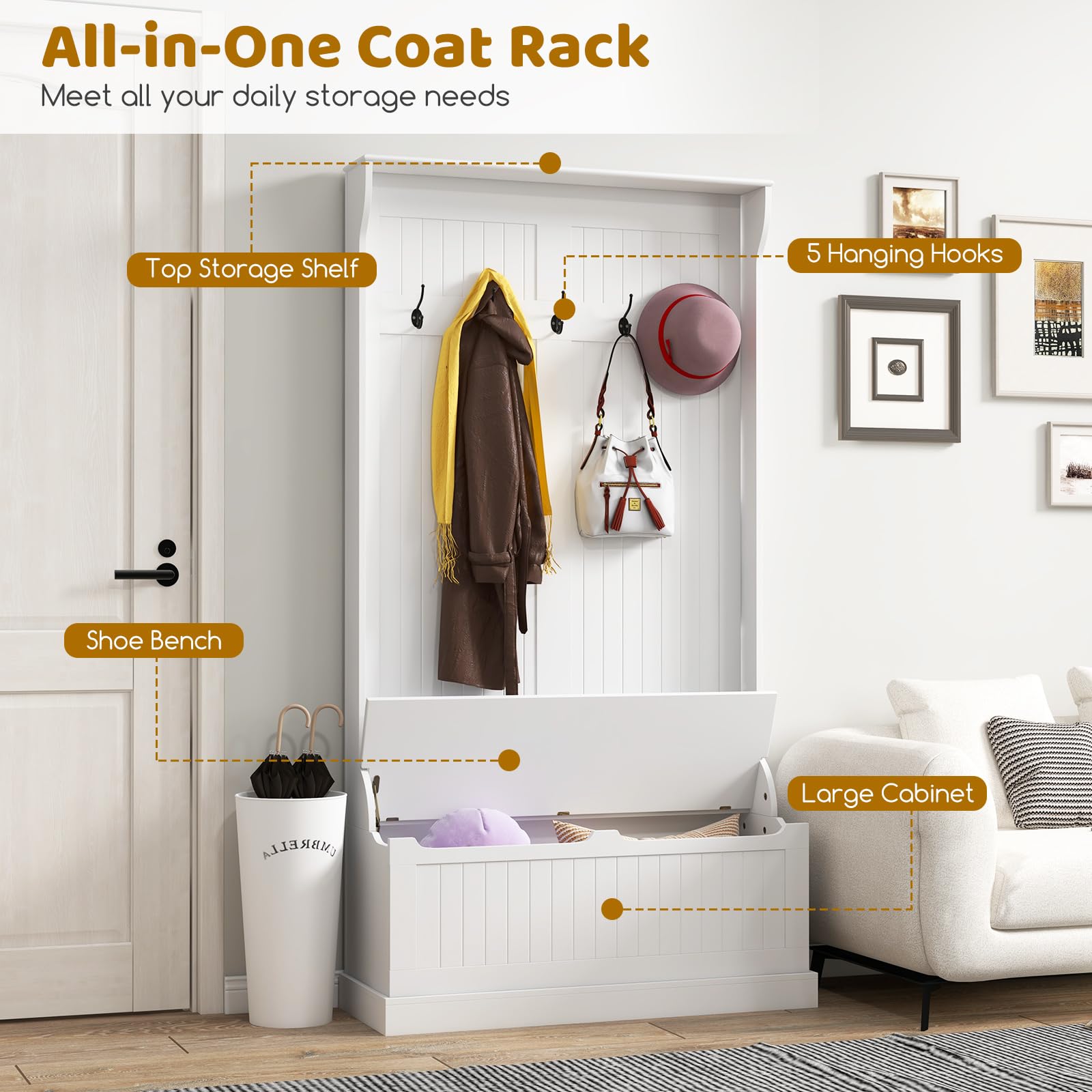 Giantex 3-in-1 Hall Tree with Storage Bench, 71" Entryway Coat Rack w/ 5 Double Hooks