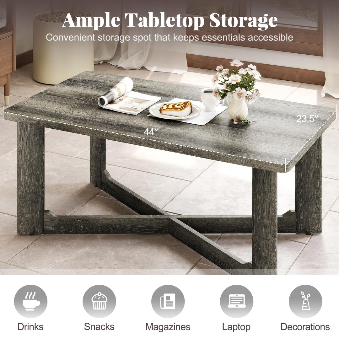 Giantex Farmhouse Wood Coffee Table Rectangle Center Table with X-Shaped Base & Rubber Wood Frame